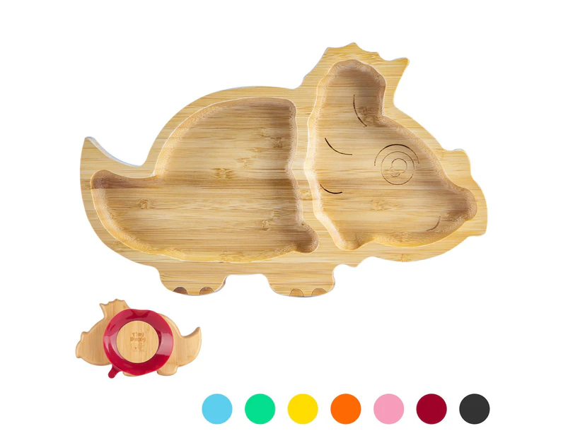 Red Dinosaur Children's Bamboo Suction Plate - Dining Dish - Stay Put Silicone Cup - Segmented - Eco-friendly - by Tiny Dining