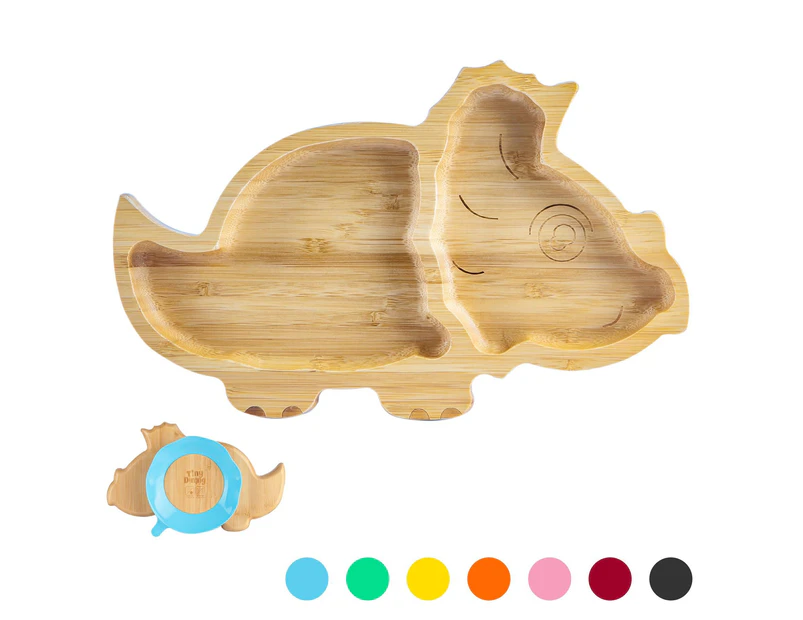 Blue Dinosaur Children's Bamboo Suction Plate - Dining Dish - Stay Put Silicone Cup - Segmented - Eco-friendly - by Tiny Dining