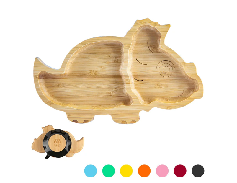 Black Dinosaur Children's Bamboo Suction Plate - Dining Dish - Stay Put Silicone Cup - Segmented - Eco-friendly - by Tiny Dining