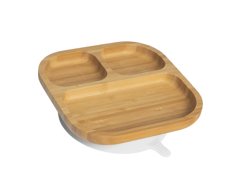 White Children's Bamboo Suction Plate - Dining Dish - Stay Put Silicone Cup - Segmented - Eco-friendly - by Tiny Dining