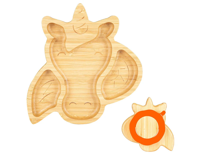 Orange Unicorn Children's Bamboo Suction Plate - Dining Dish - Stay Put Silicone Cup - Segmented - Eco-friendly - by Tiny Dining