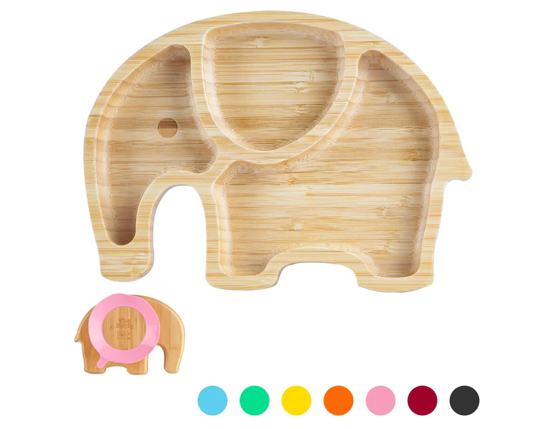 Pink Elephant Children's Bamboo Suction Plate - Dining Dish - Stay Put Silicone Cup - Segmented - Eco-friendly - by Tiny Dining