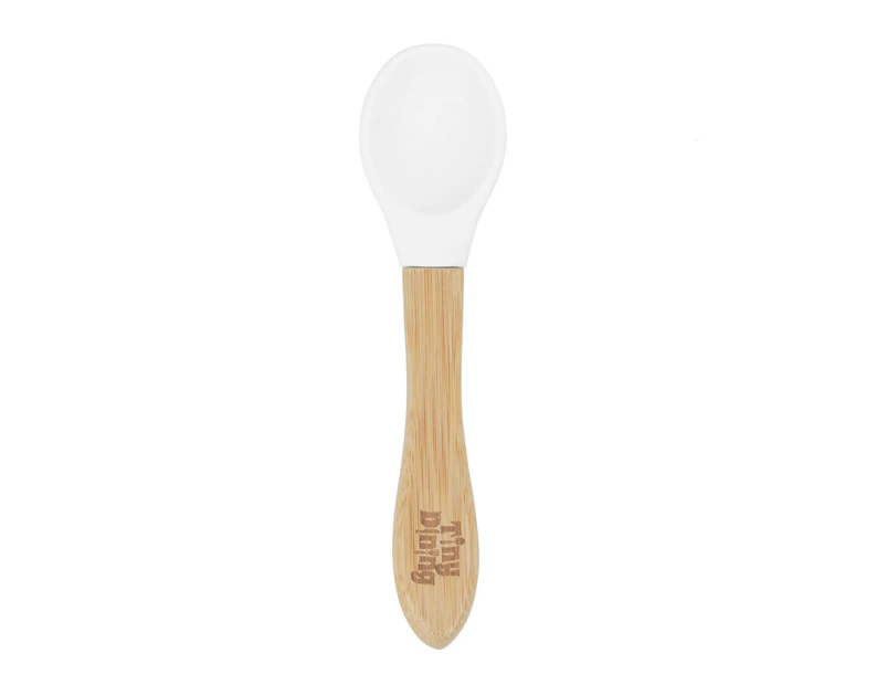 White Children's Bamboo Spoon - Silicone Tip - Baby Feeding Spoon, Soft Curved for kids - Eco-friendly - 14cm - by Tiny Dining