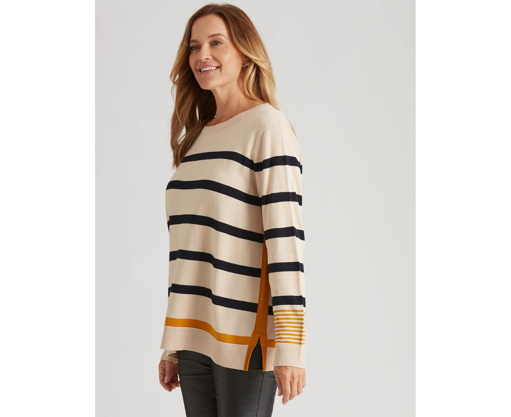 Millers - Womens Jumper - Long Winter Sweater - Beige Pullover - Cotton Clothing - Long Sleeve - Striped - Oversized - Scoop Neck - Step Hem - Casual