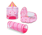 Kids Teepee Pop Up Tent 3 In 1 Playhouse Ball Pit Crawl Tunnel Basketball Hoop Playground Activity Centre Princess Castle