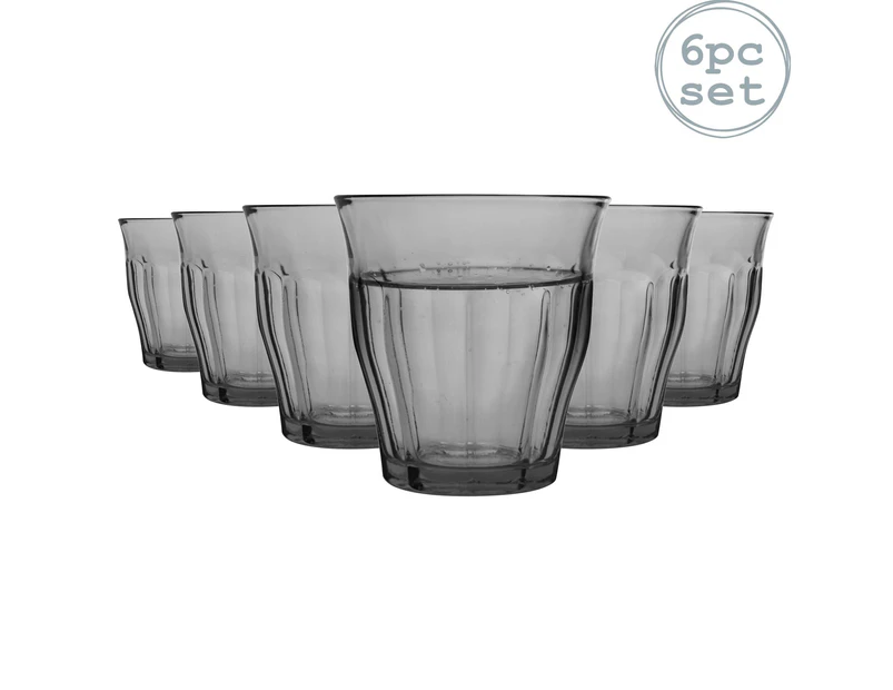 6x Picardie Grey 250ml Glass Drinking Tumblers - Whiskey Water Wine Gin Juice Cocktail Glasses Set - by Duralex