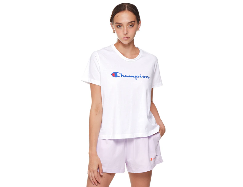 Champion Women's Script Logo Cropped Tee / T-Shirt / Tshirt - White