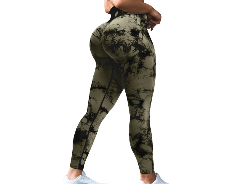 WeMeir Women's Seamless Tie Dye Yoga Leggings Butt Lift Yoga Pants High Waist Sports Pants Squat-proof Workout Tights-Green
