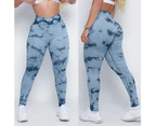 WeMeir Women's Seamless Tie Dye Yoga Leggings Butt Lift Yoga Tights High Waist Sports Pants Squat-proof Workout Tights-Blue