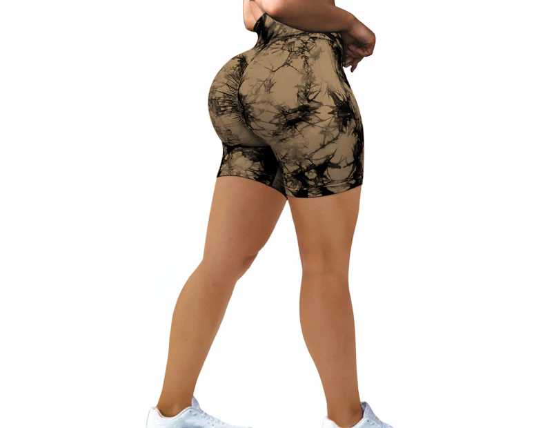 WeMeir Women's Seamless Shorts Tie Dye Yoga Leggings Butt Lift Yoga Tights High Waist Sports Shorts Squat-proof Workout Tights-Brown