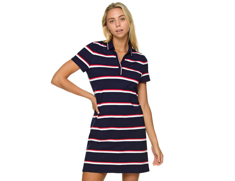 Tommy Hilfiger Women's Hailey Multi Stripe Split Neck Polo Dress - Masters Navy