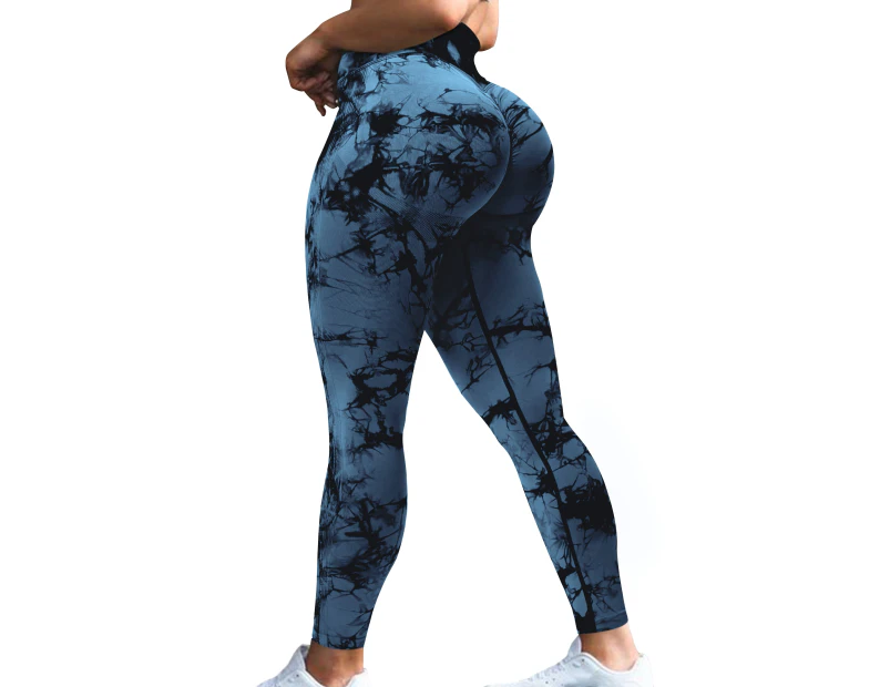 Bonivenshion Women's Tie Dye Seamless Sports Leggings Butt Lift Yoga Pants  High Waist Workout Pants Squat-proof Gym Tights -Blue