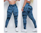 Bonivenshion Women's Tie Dye Seamless Sports Leggings Butt Lift Yoga Pants High Waist Workout Pants Squat-proof Gym Tights -Blue