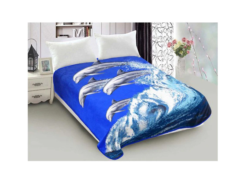 800GSM Luxury Reversible Animal Mink Blanket Queen 200 x 240 cm Frolicking Dolphins
