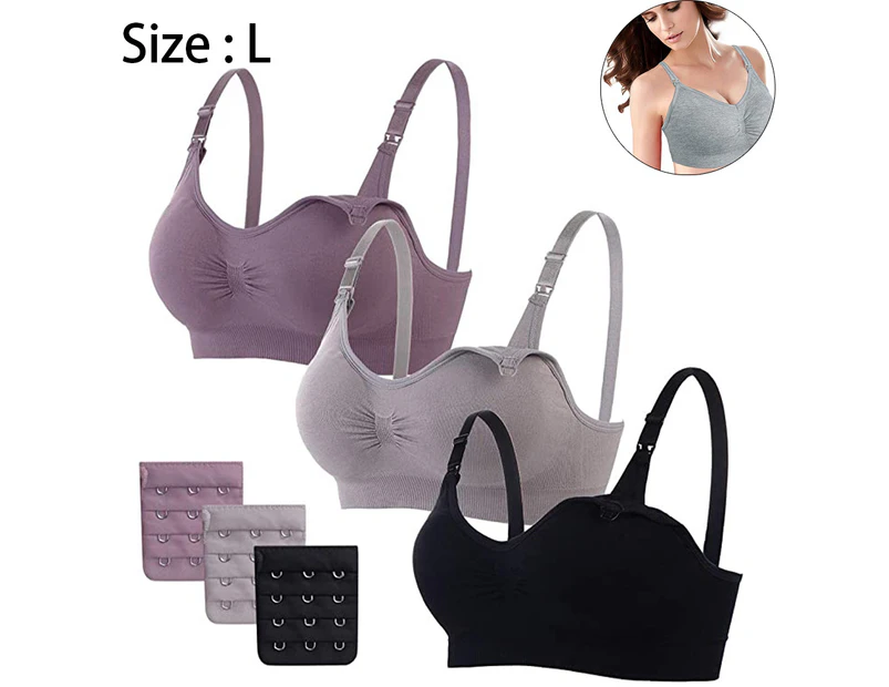 3 pcs Nylon Seamless Maternity Nursing Bra with Pads, Extenders - Grey