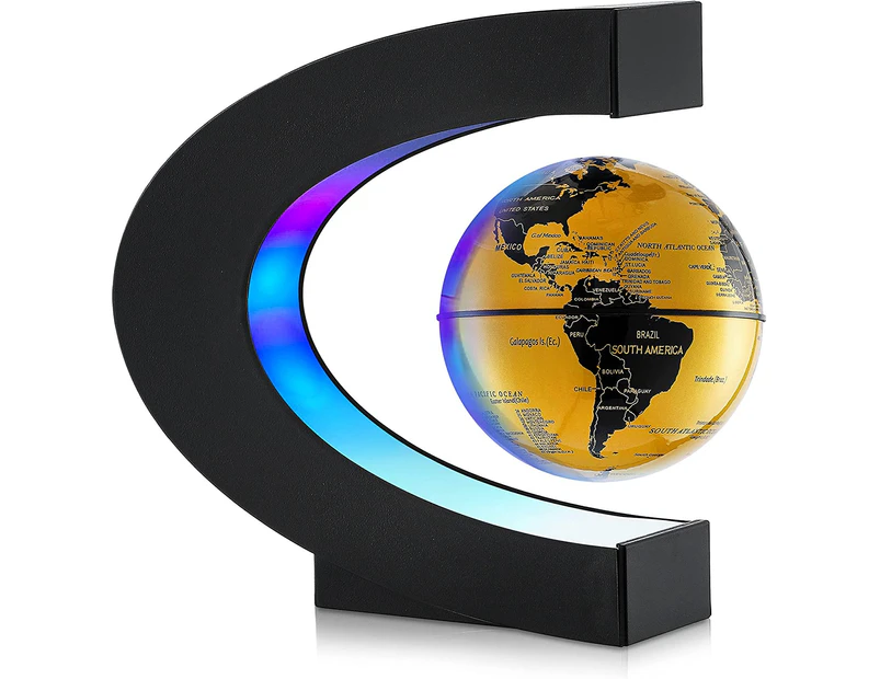 Magnetic Levitation Floating World Map Globe 3 Inch with LED Lights C Shape Base - Gold