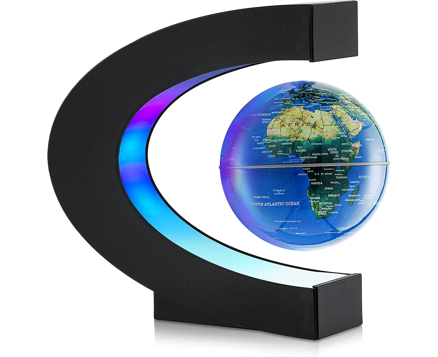 Magnetic Levitation Floating World Map Globe 3 Inch with LED Lights C Shape Base -Blue