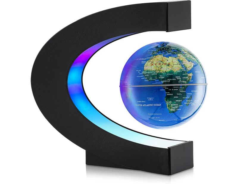 Magnetic Levitation Floating World Map Globe 3 Inch with LED Lights C Shape Base -Blue