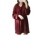 Women's Baggy V Neck Cable Knitted Sweater Dress Jumper Pullover Knit Dress - Wine Red