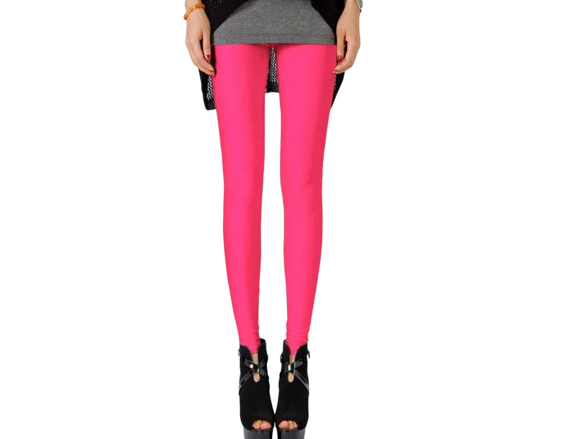 Womens Shiny Neon Leggings Fluro Stretch Metallic Pants Black Pink