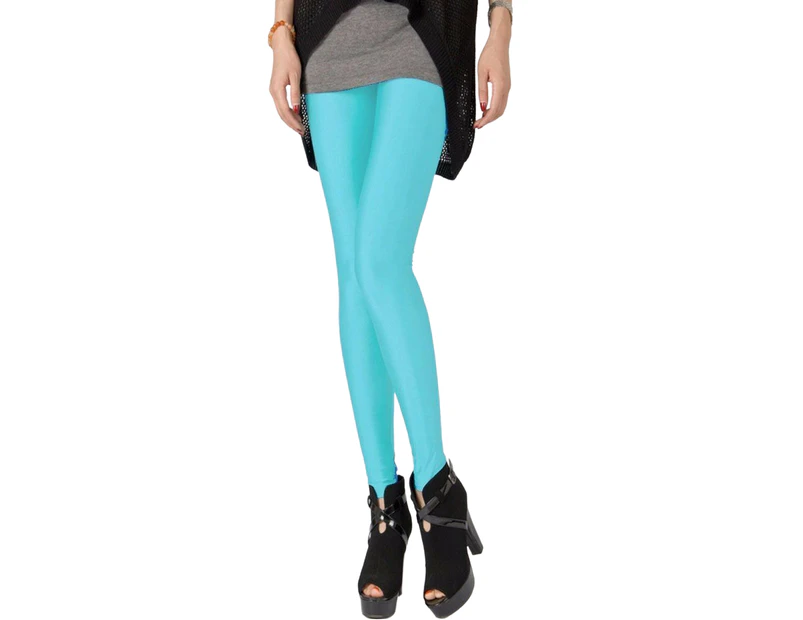 Womens Shiny Neon Leggings Fluro Stretch Metallic Pants Black Pink Dance  Yoga Polyester/Spandex - Aqua Blue