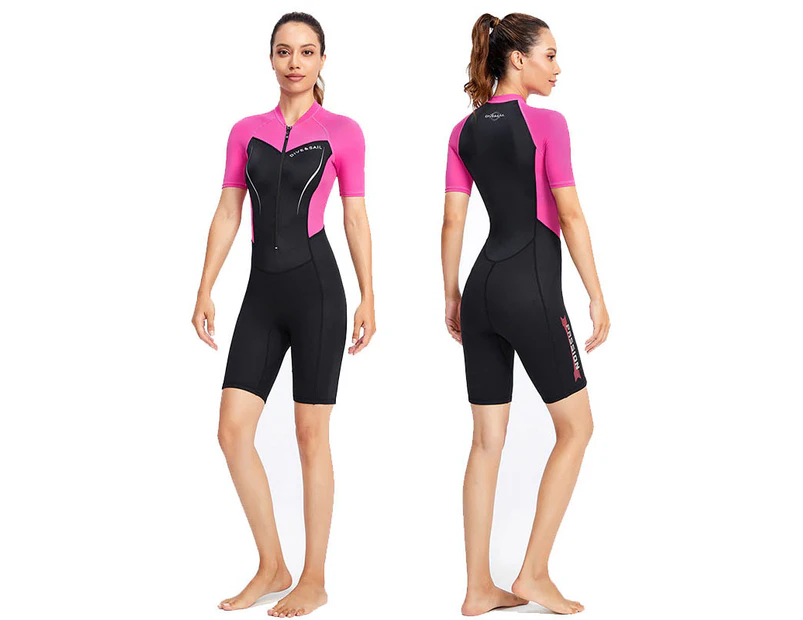 Mr Dive 1.5mm One Piece Wetsuit Short Sleeves Shorts Front Zip Swimsuit for Womens-Pink