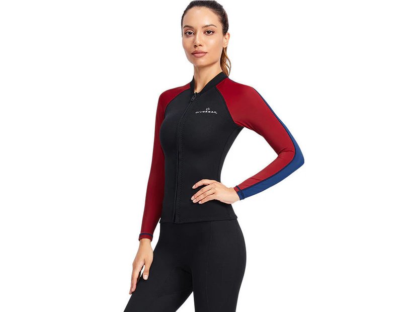 Mr Dive 1.5mm Long Sleeve Swimsuit Top Jacket Front Zipper Diving Suits for Womens-Red
