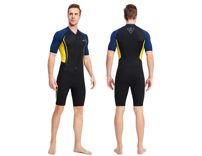 Mr Dive 1.5mm One Piece Wetsuit Short Sleeves Shorts Front Zip Swimsuit for Mens-Yellow