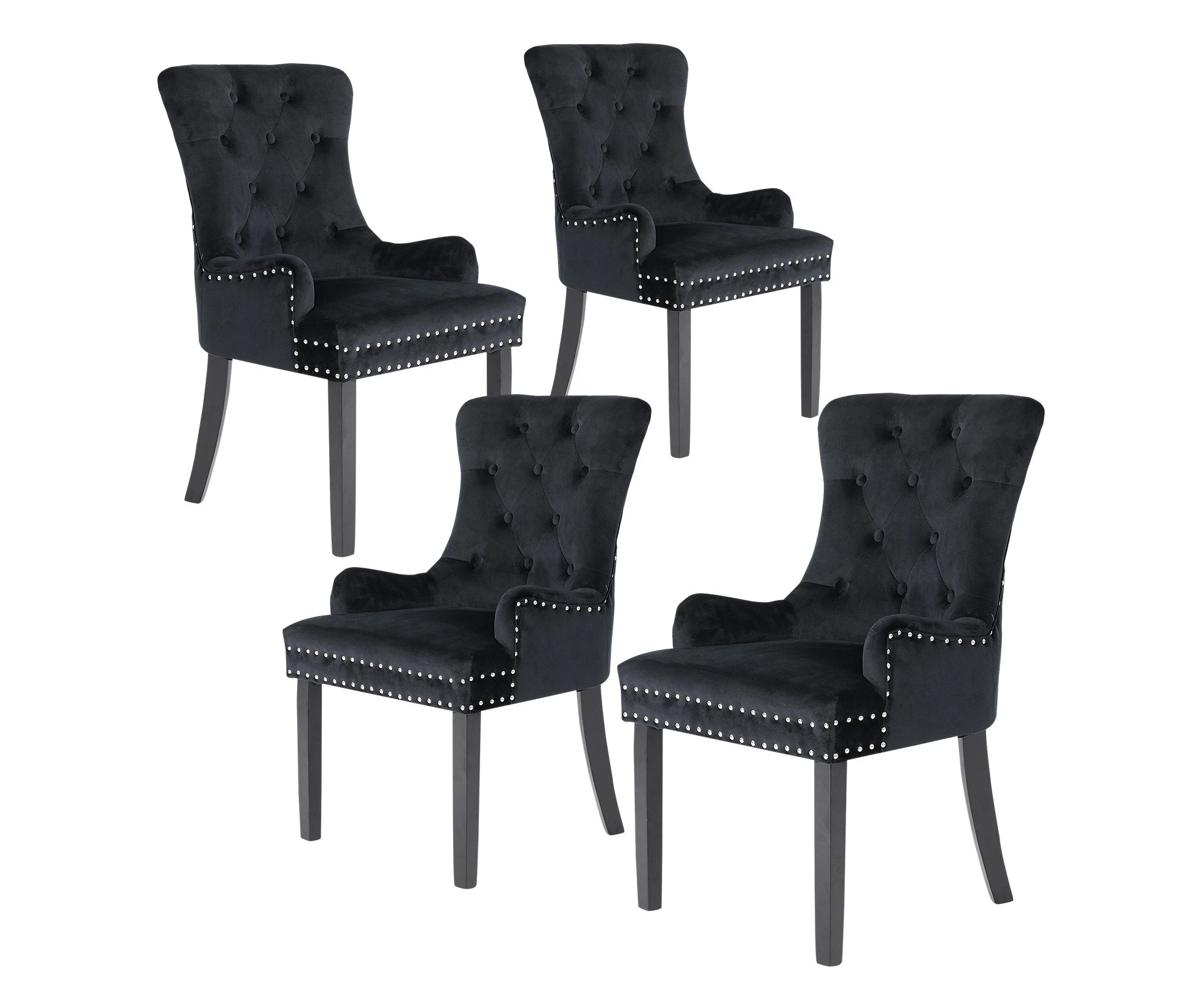 La Bella 4 Set French Provincial Dining Chair Ring Studded Lisse Velvet Rubberwood - Black