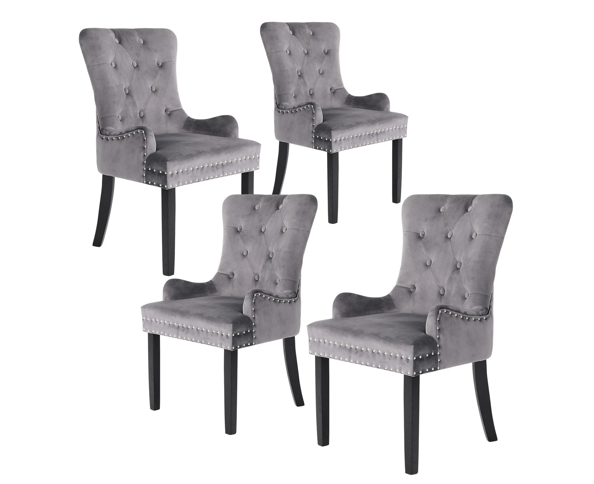 La Bella 4 Set French Provincial Dining Chair Ring Studded Lisse Velvet Rubberwood - Grey