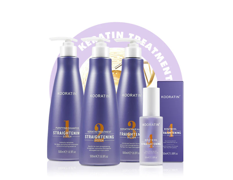 Kooratin Keratin Hair Straightening Treatment Package with Purifying Shampoo, Hair Mask, Keratin Oil