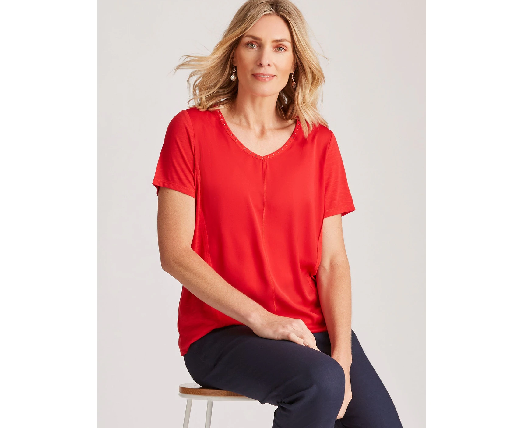 Noni B Diamante V Neck Detail Top - Womens - True Red