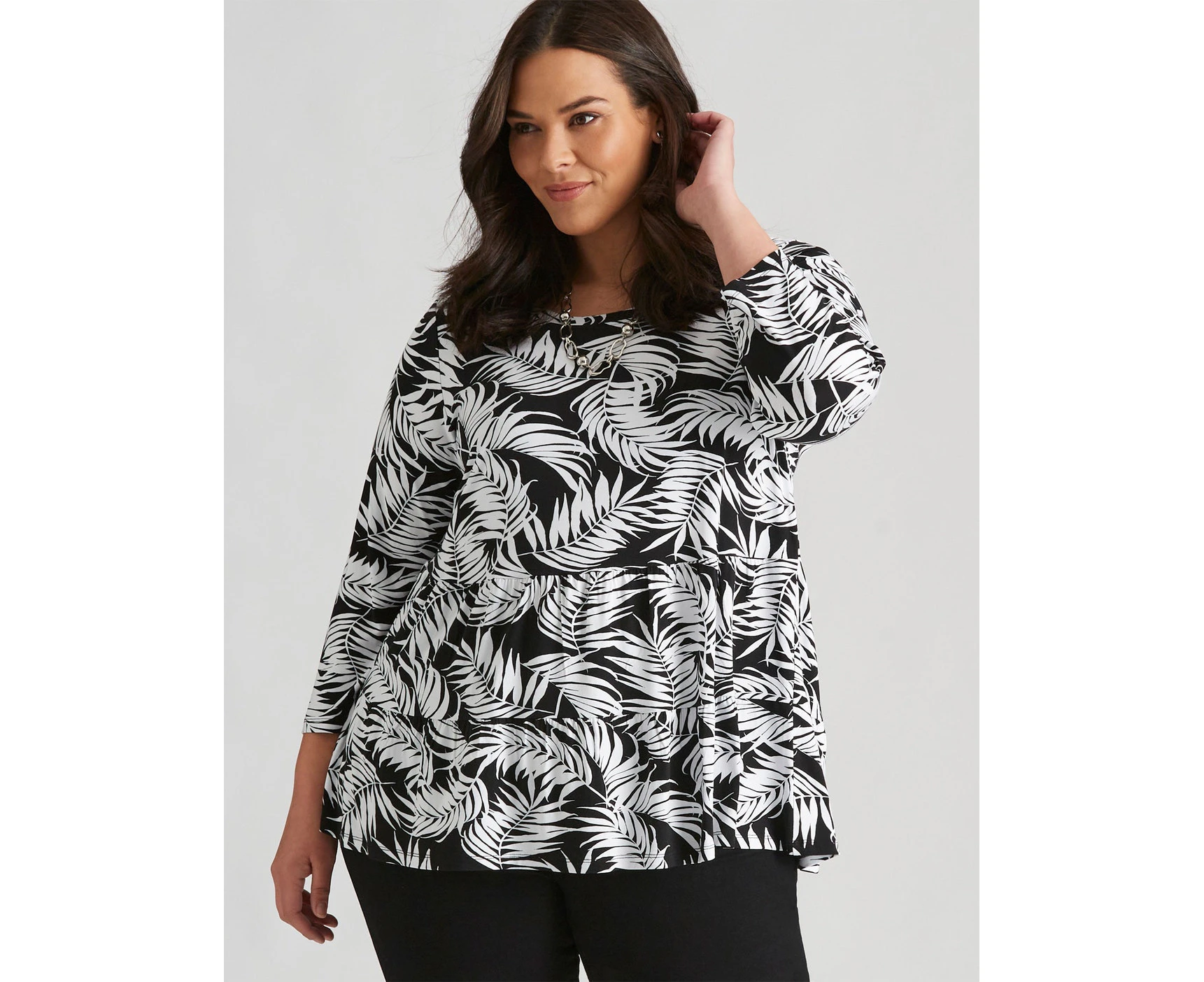 Autograph - Womens Plus Size - Tops - Summer - Tunic - Black - 3/4 Sleeve - Scoop Neck - Knit - Relaxed Fit - Length Long - White Palm Floral Clothes