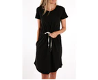 Black Pocketed Drawstring Waist Mini Dress Mini Dresses Mini Dresses - Black