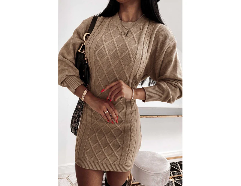 Aprciot Geometric Texture Bodycon Sweater Dress Sweater Dresses Sweater Dresses - Apricot