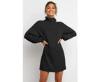 Black Turtleneck Balloon Sleeve Sweater Dress Sweater Dresses Sweater Dresses - Black