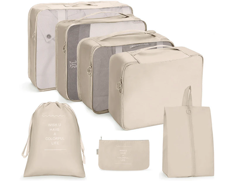 7 Set Packing Cubes Travel Cubes for Suitcases Luggage Packing Orginzers,Beige(One Free Giveaway As Seen On Photo)