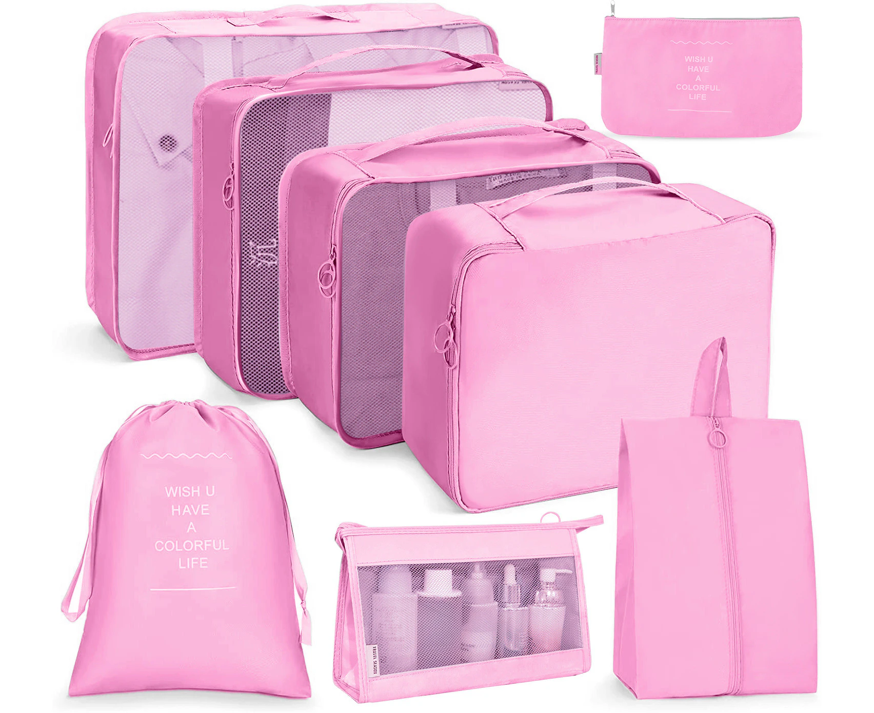 8 Set Packing Cubes Travel Luggage Organizer for Suitcase Clothes Storage Bag,Pink(One Free Giveaway As Seen On Photo)