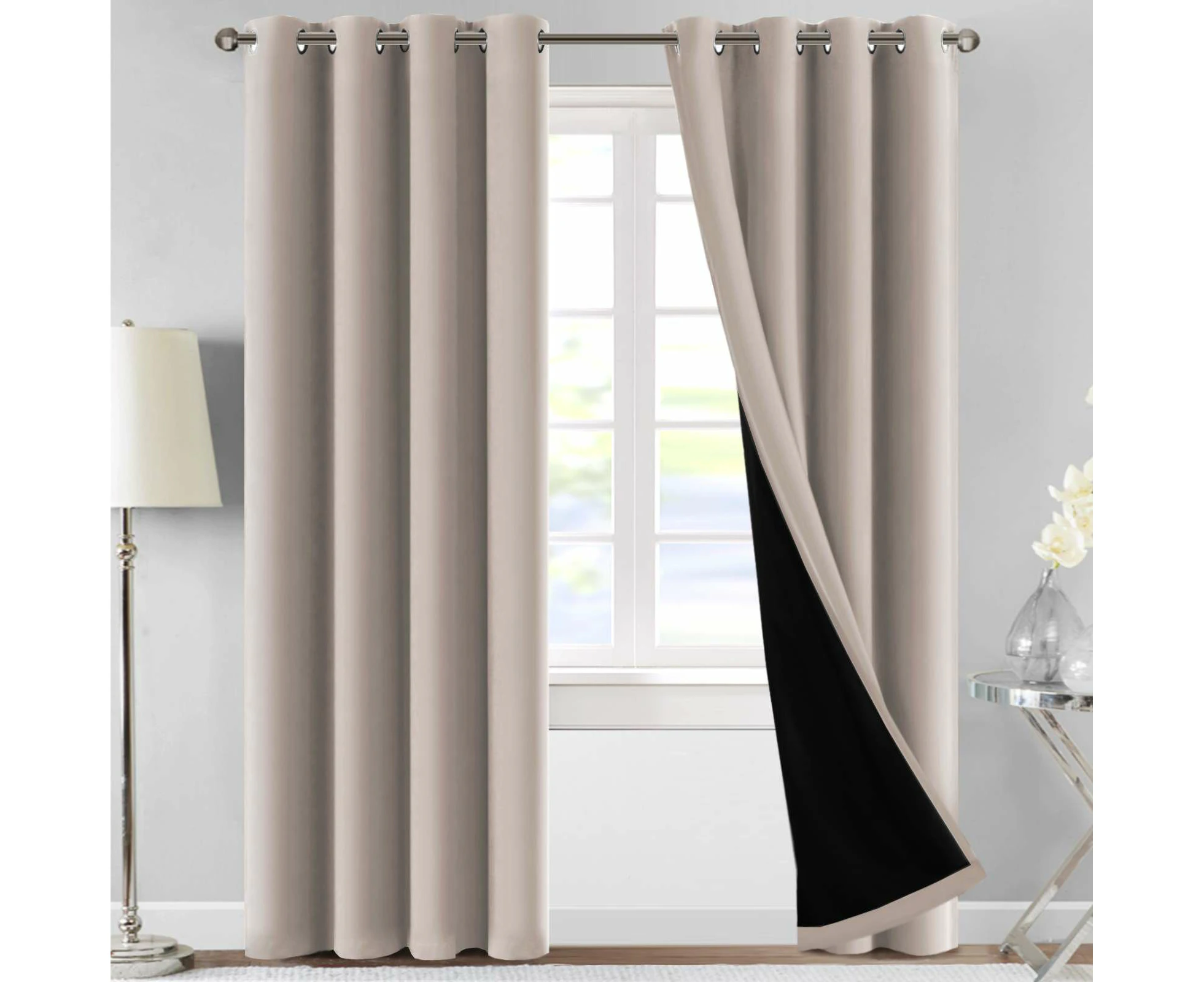 PrimePros 100% Blackout Curtains Thermal Insulated Full Room Darkening Noise Reduce Curtains Double Layer with Black Liner 2 Panels Set, Natural