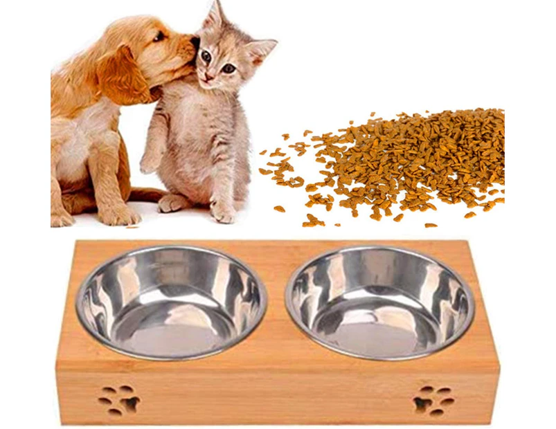 Double Cat Bowl Stainless Steel Bamboo Cat Bowl Cat Bowl Dog and Cat Bowl (L)