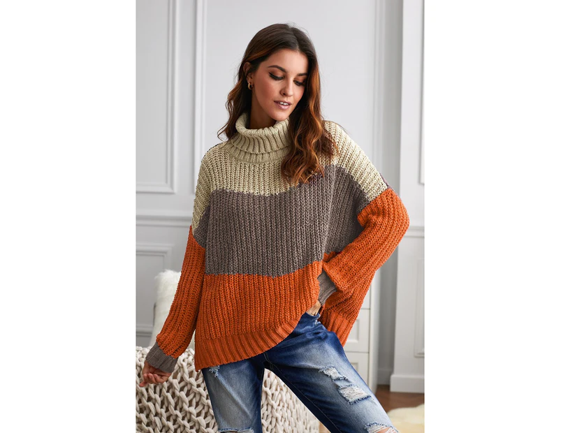 Orange Cowl Neck Colorblock Cable Knit Sweater Sweaters & Cardigans Sweaters & Cardigans - Orange