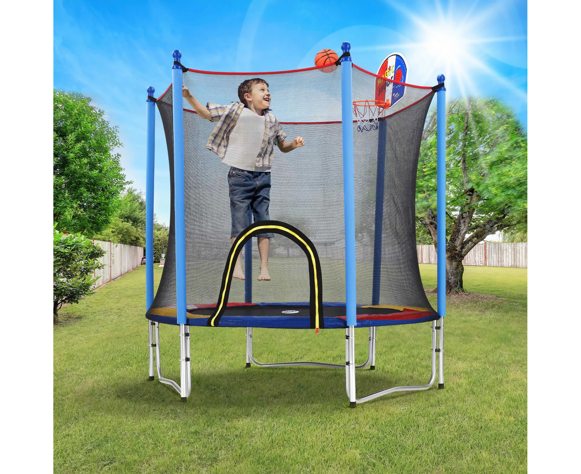 Genki Kids Trampoline Bounce Rebounder Jumping Rebounding Indoor Outdoor Safety Enclosure Basketball Hoop 60 Inch