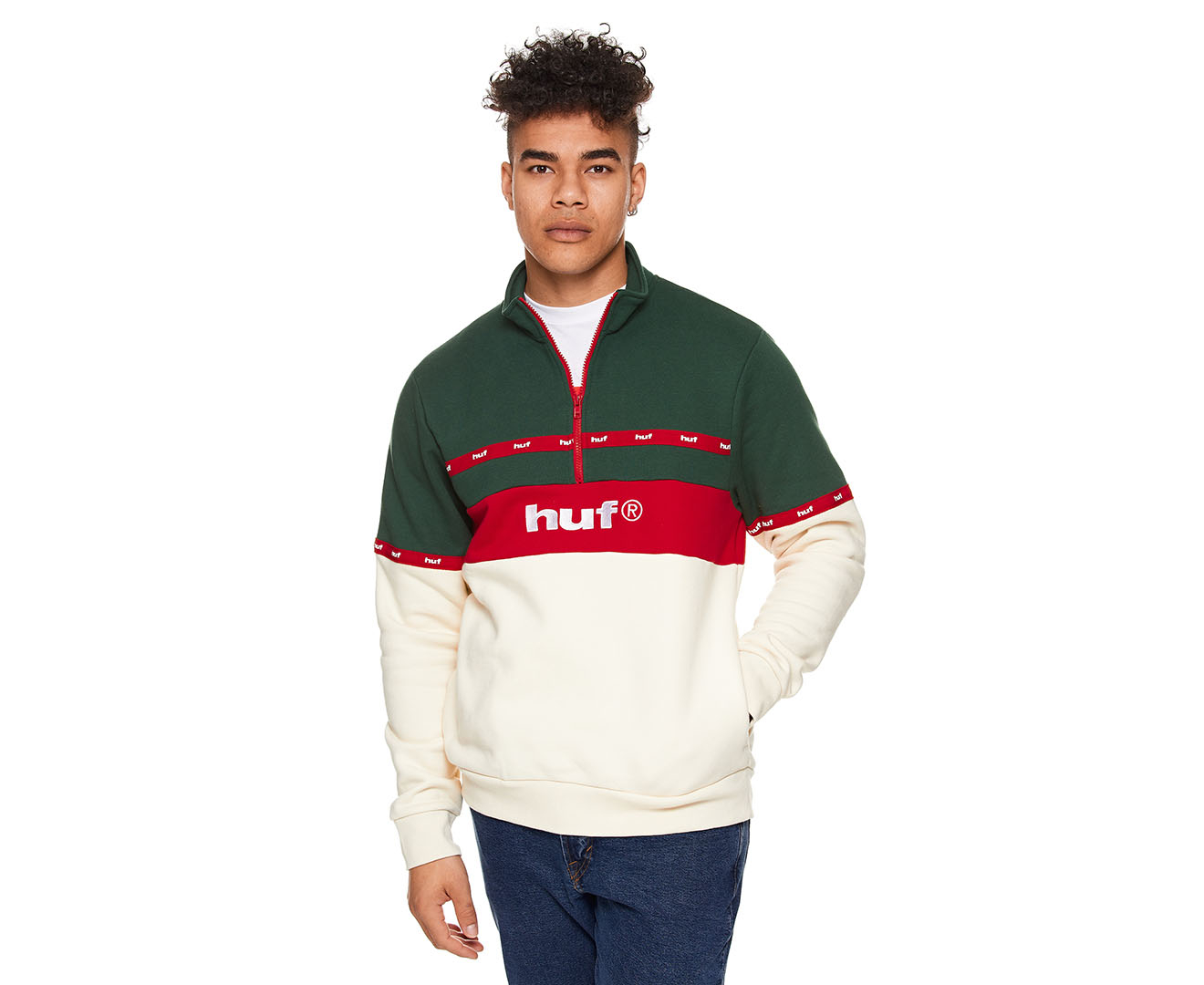 HUF Men's Taped 1/4 Zip Fleece Jumper - Off White/Red/Green | M