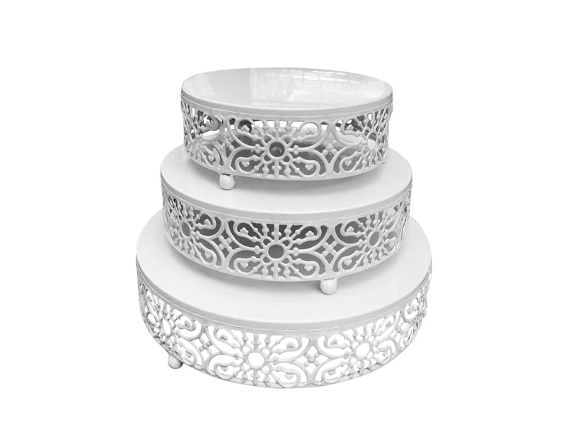 Vintage Cake Stand Hollowed Carving Decor Metal Exquisite Cupcake Serving Round Plate Holder for Kitchen-White - White
