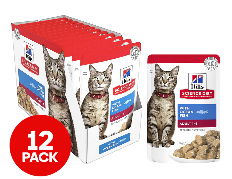 12 x Hill's Science Diet Adult 1-6 Optimal Care Cat Food Pouches Ocean Fish 85g