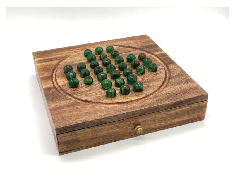 Wooden Handmade Solitaire Board with Marble Game Set