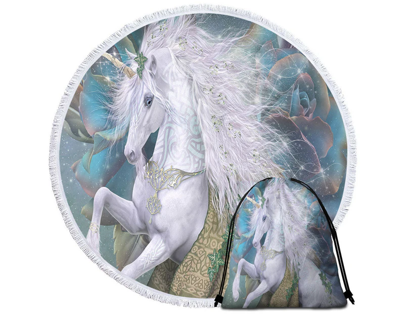 Fantasy Art Magical White Unicorn Round Beach Towel Set