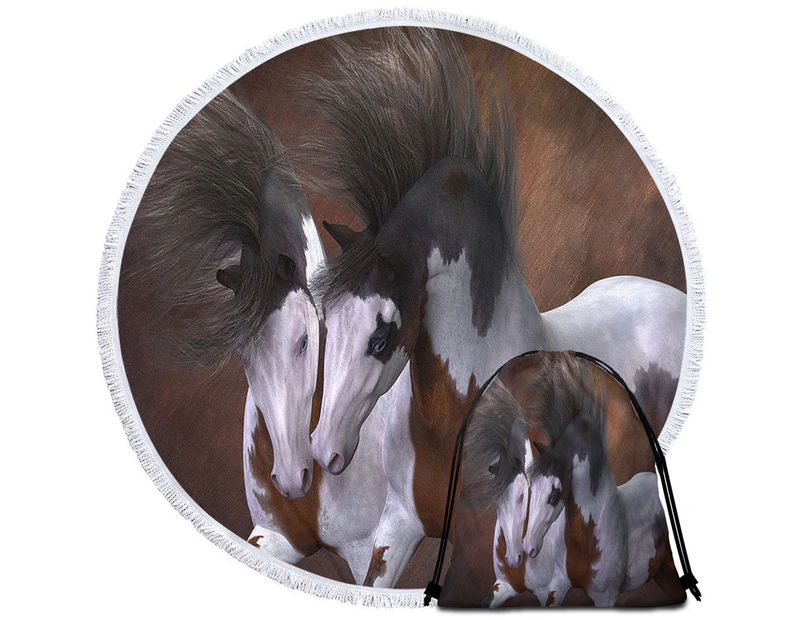 Horse Art Two Young White Brown Pinto Horses Round Beach Towel Set