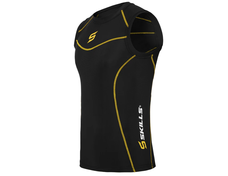 Skills Mens Compression Armour Base Layer Tops Running Sleeveless Sports Skin Shirt - Yellow/Black