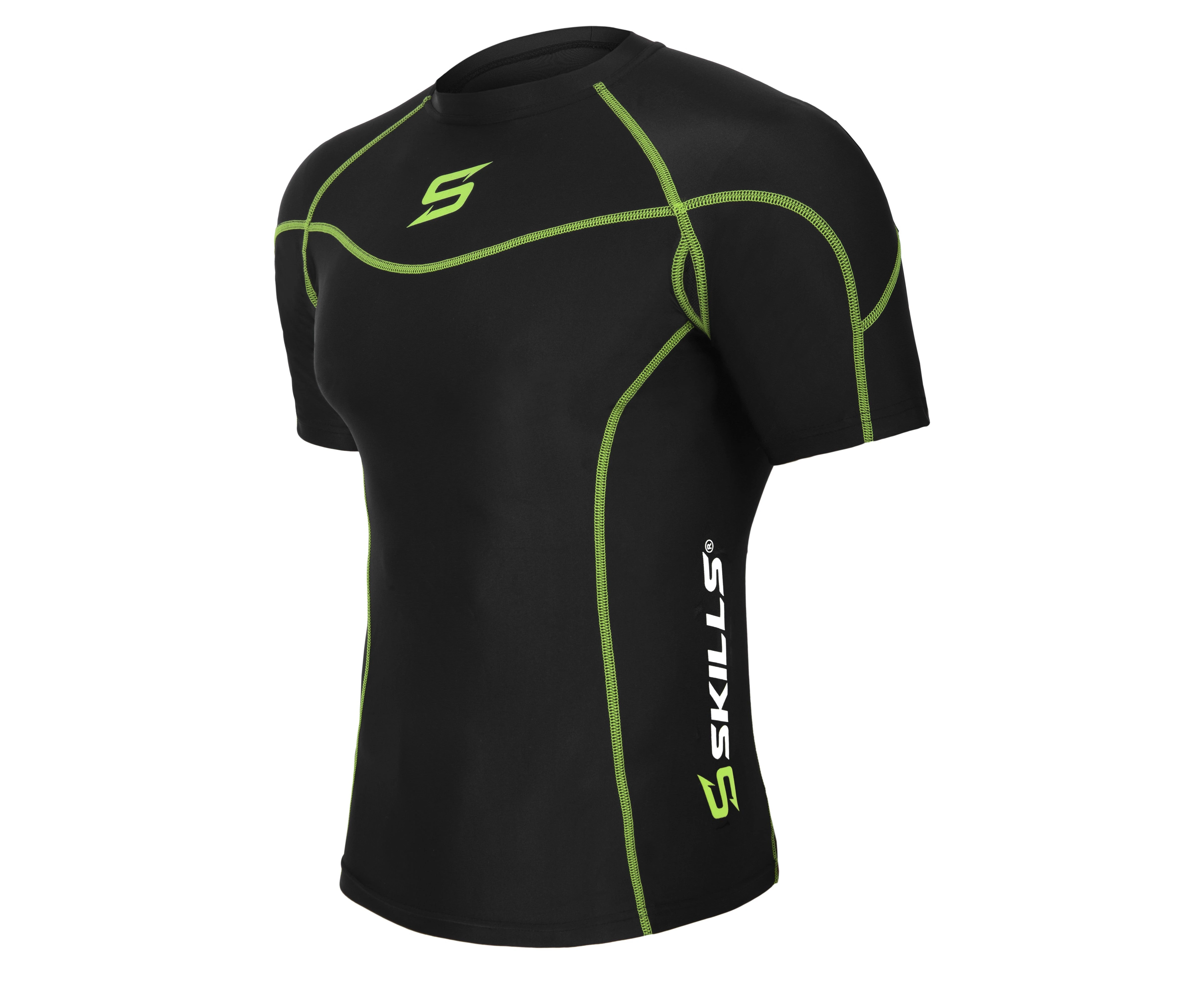 Skills Mens Compression Base Layer Armour Top Short Sleeve Gym Fit Sports Shirt - Black / Green